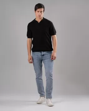 TEXTURED KNIT POLO SHIRT  -BLACK