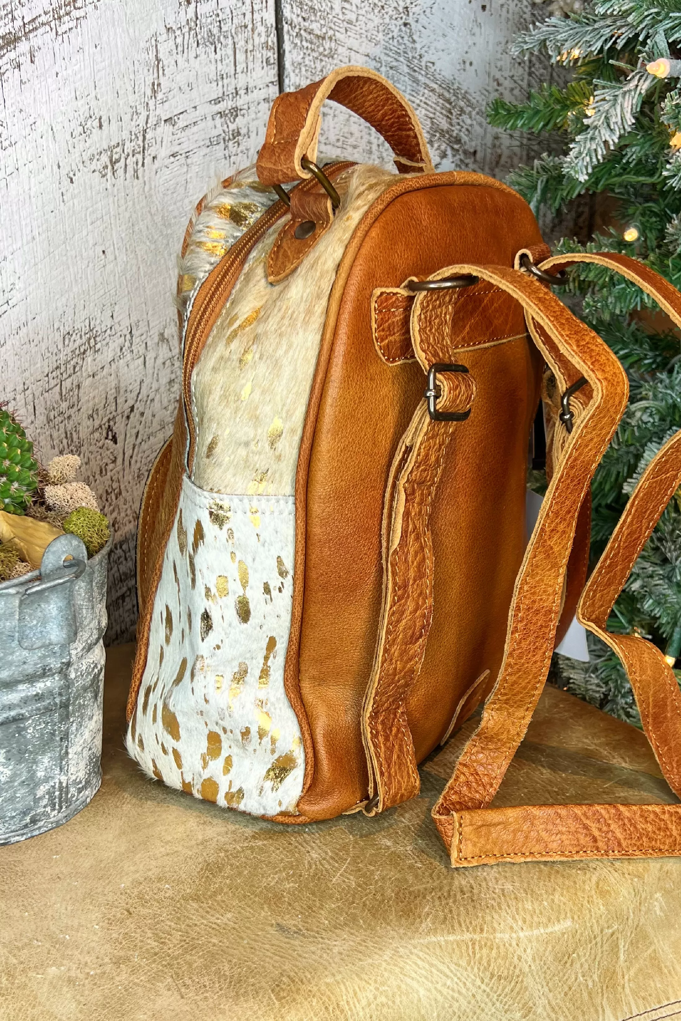 The Tucson Gold Acid Wash Cowhide Mini Backpack