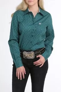 Women's Cinch Maxine Geometric Print Teal Long Sleeve Shirt