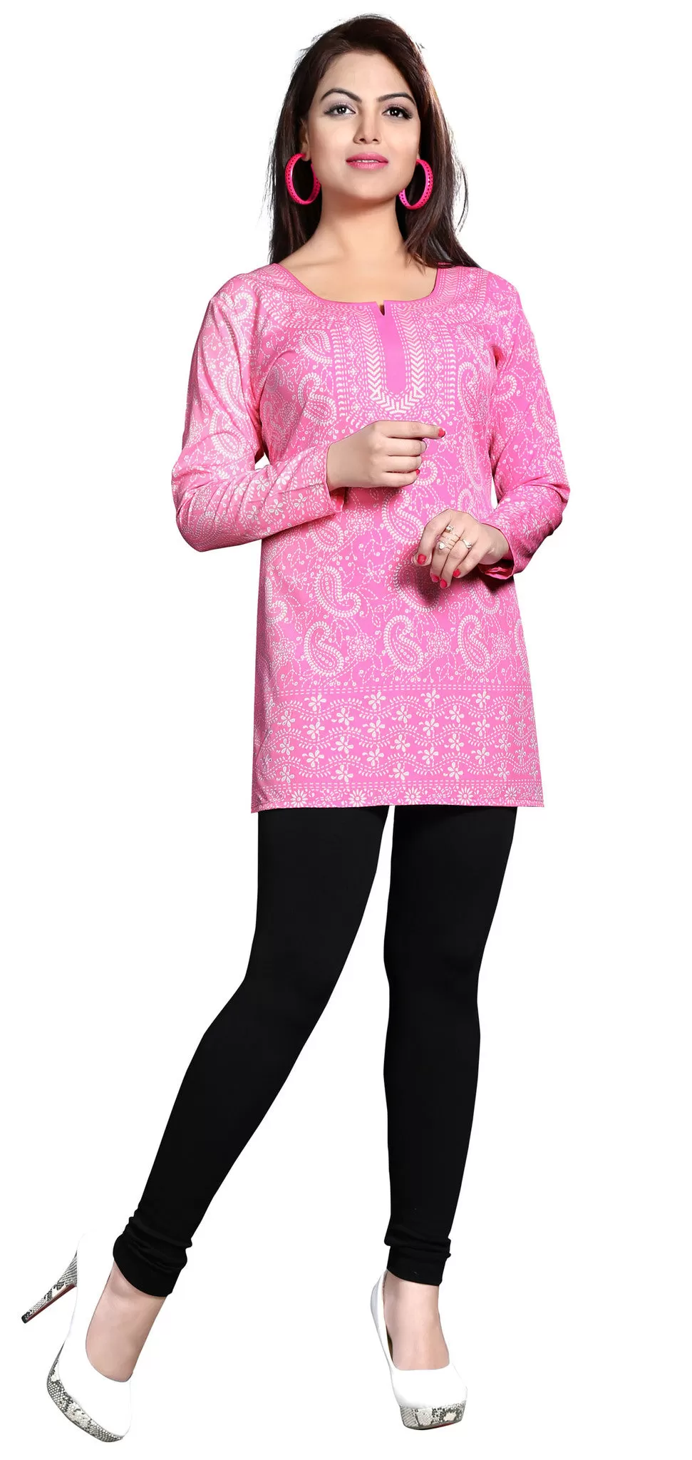 Womens India Kurti Tunic Top Blouse Indian Apparel (Pink)