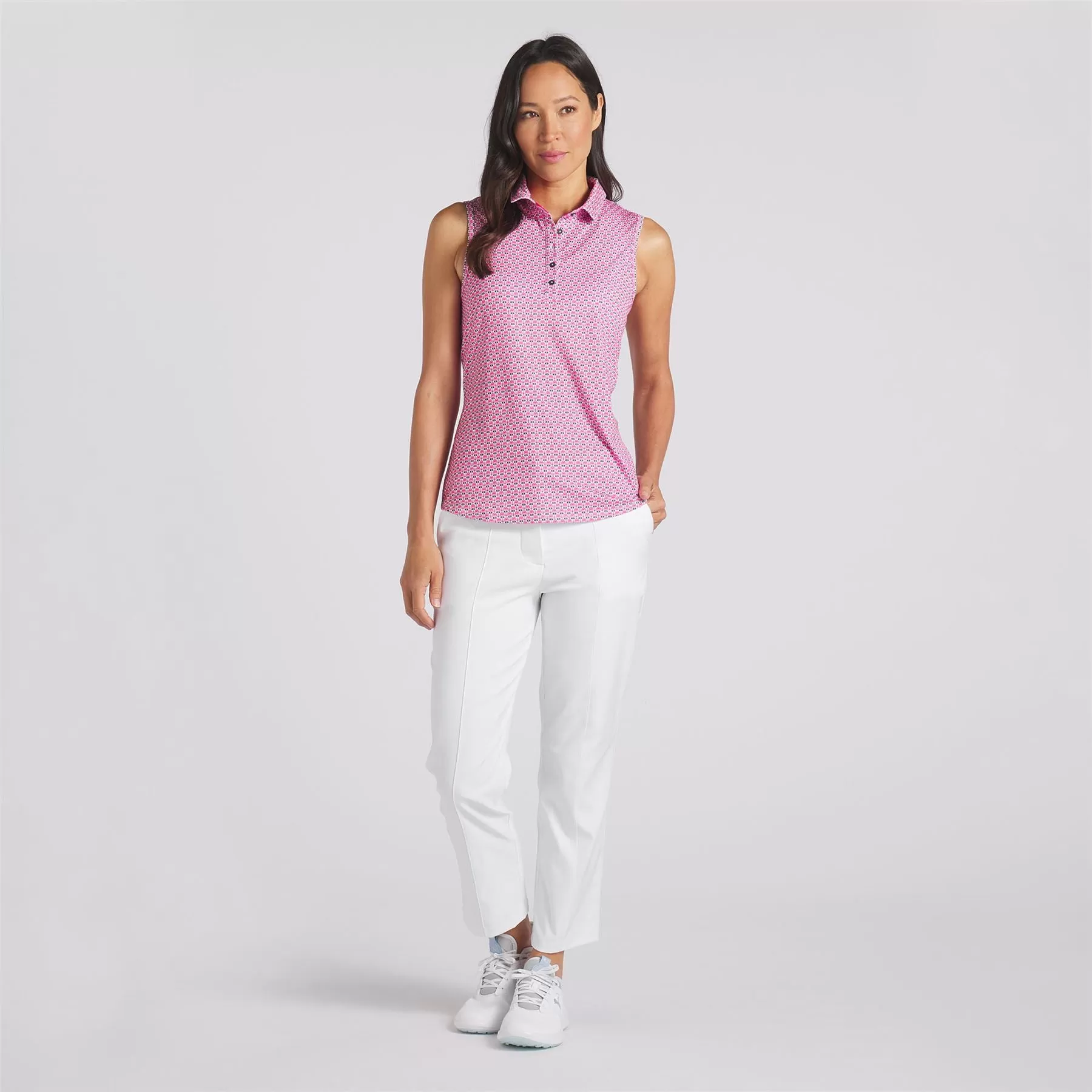 Womens MATTR Deco Sleeveless Polo White/Pink - SS24